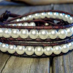 Glass Pearl Bracelet, Double Leather Wrap, Shabby..