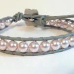 Leather Wrap Bracelet, Pink Pearl, Flower Button,..