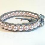 Leather Wrap Bracelet, Pink Pearl, Flower Button,..