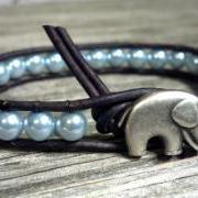 Pearl Leather Wrap Bracelet, Pearl, GOOD LUCK Elephant
