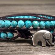 GOOD LUCK Elephant, Magnesite Turquoise Double Leather Wrap Bracelet, Shabby Chic, Bohemian