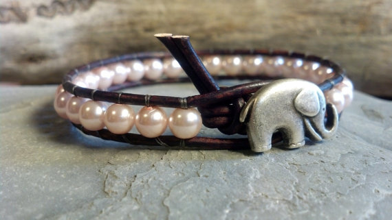 Pearl Leather Wrap Bracelet, Pearl, Good Luck Elephant