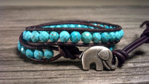 Good Luck Elephant, Magnesite Turquoise Double Leather Wrap Bracelet, Shabby Chic, Bohemian