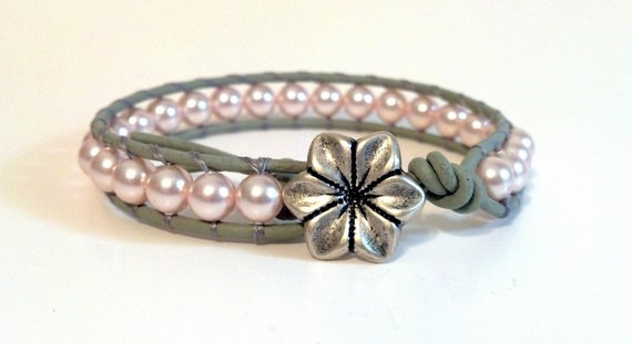 Leather Wrap Bracelet, Pink Pearl, Flower Button, Friendship Bracelet